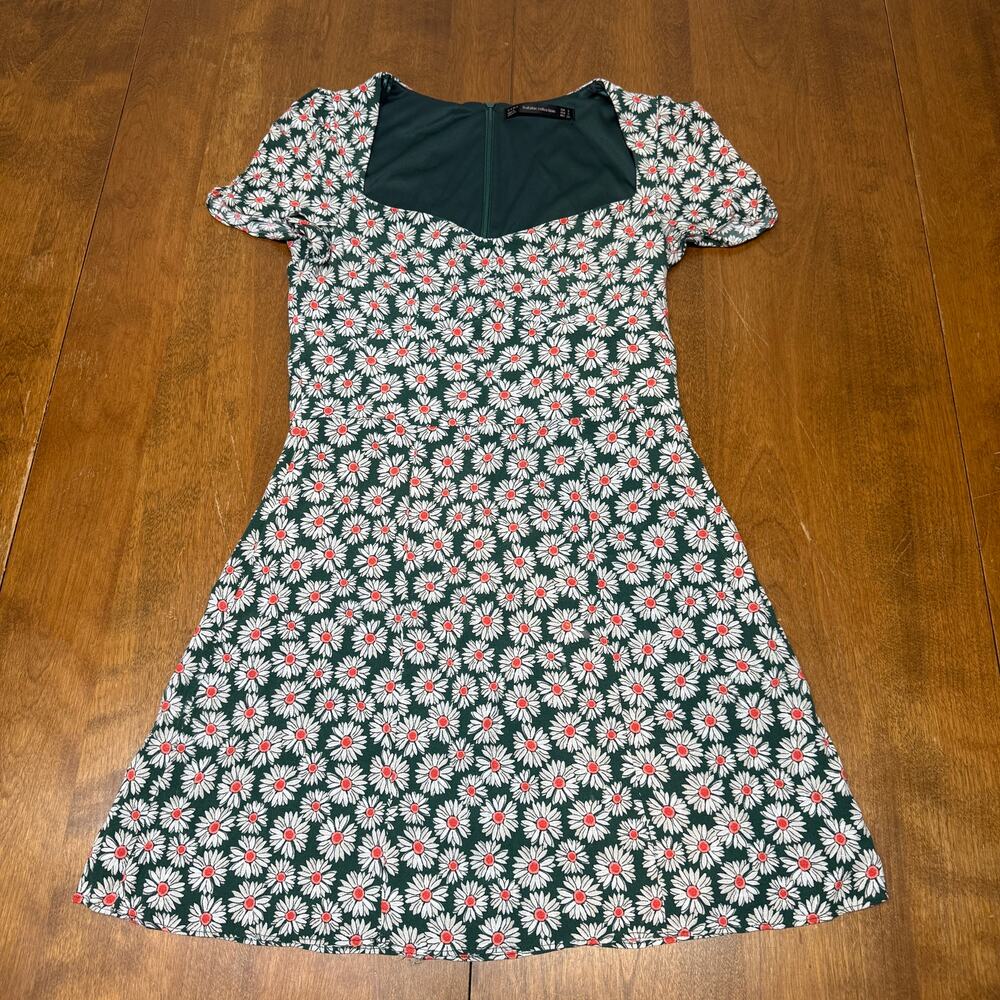 Zara Trafaluc Daisy Floral Mini Dress Women S Green Puff Sleeve Fit & Flare